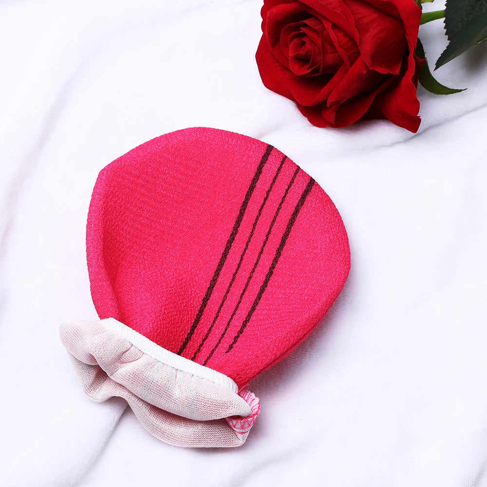 Body scrub exfoliating mitt in use